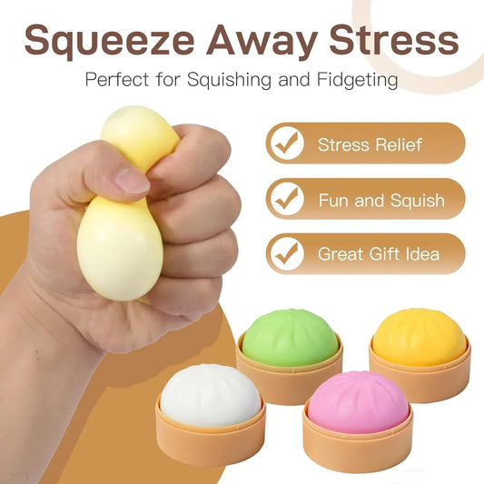 4 Pack Dumpling Squishies Toy Mystery Box Random Color, Colorful Dumplings Stress Balls Fidget Sensory Toy, Bun with Food Steamer Stretchy Desk Toys Soft Squeeze Decompression Dough for Adults Kids