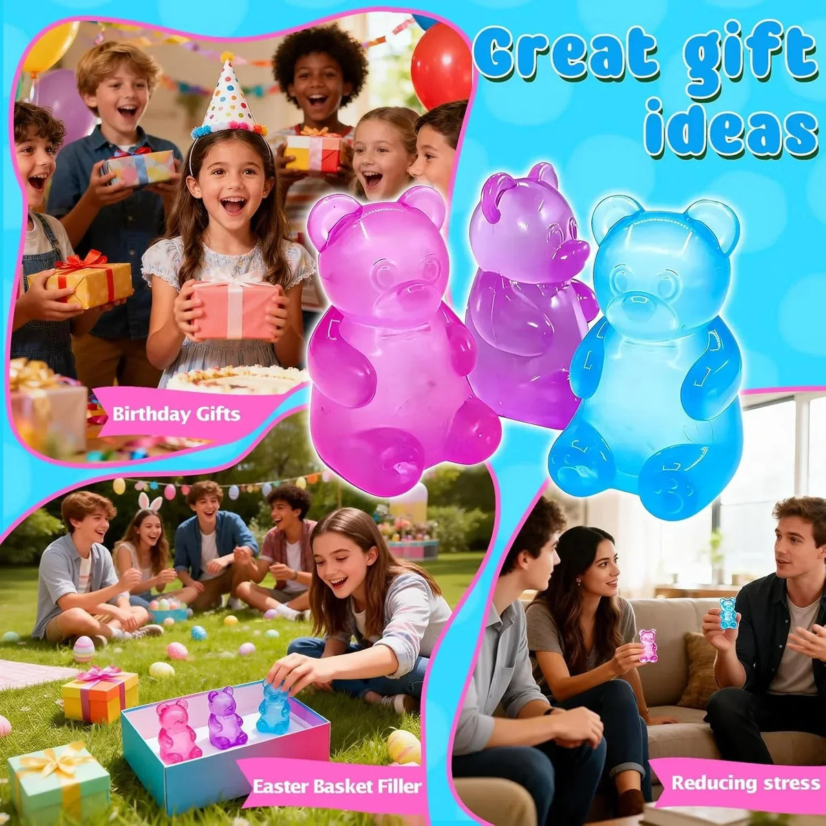 3 Pcs Easter Cute Gummy Bear Stress Relief Stress Ball, Slow Rising Squishy Squeeze Anxiety Relief & Focus Toy, Sensory Fidget Toys for Adults, Teens, Autistic ,ADHD, Classroom Prize,Party Favors