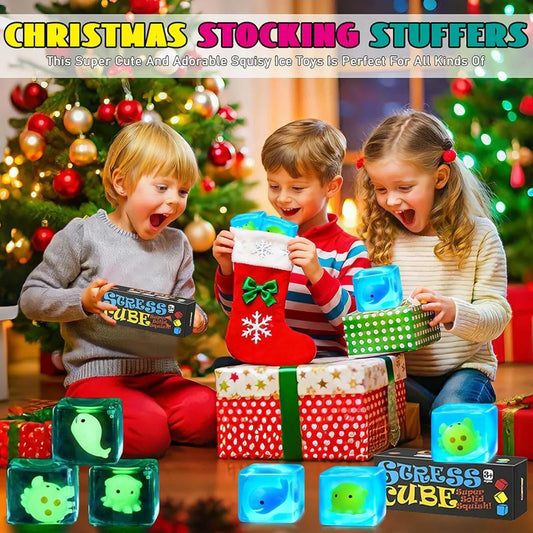 Squishy Stress Cube Fidget Toys Adults - Glow in The Dark Sensory Toys for Kids with Autism Stress Balls for Kids Teens Squeeze Toys for Anxiety Easter Basket Stuffers