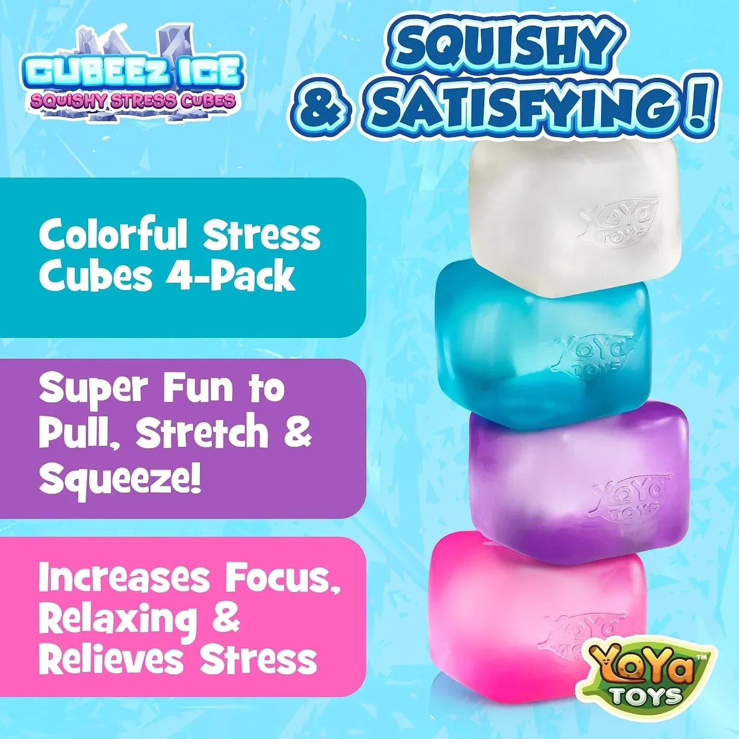 YoYa Toys Cubeez Squishy Stress Cubes 4 Pack – Sensory Fidget Toys for Kids – Fun Stretchy Squeeze Stress Balls – Colorful Ice Cube Squishies – Calming Stress Relief Toy – Great Gift for Boys & Girls