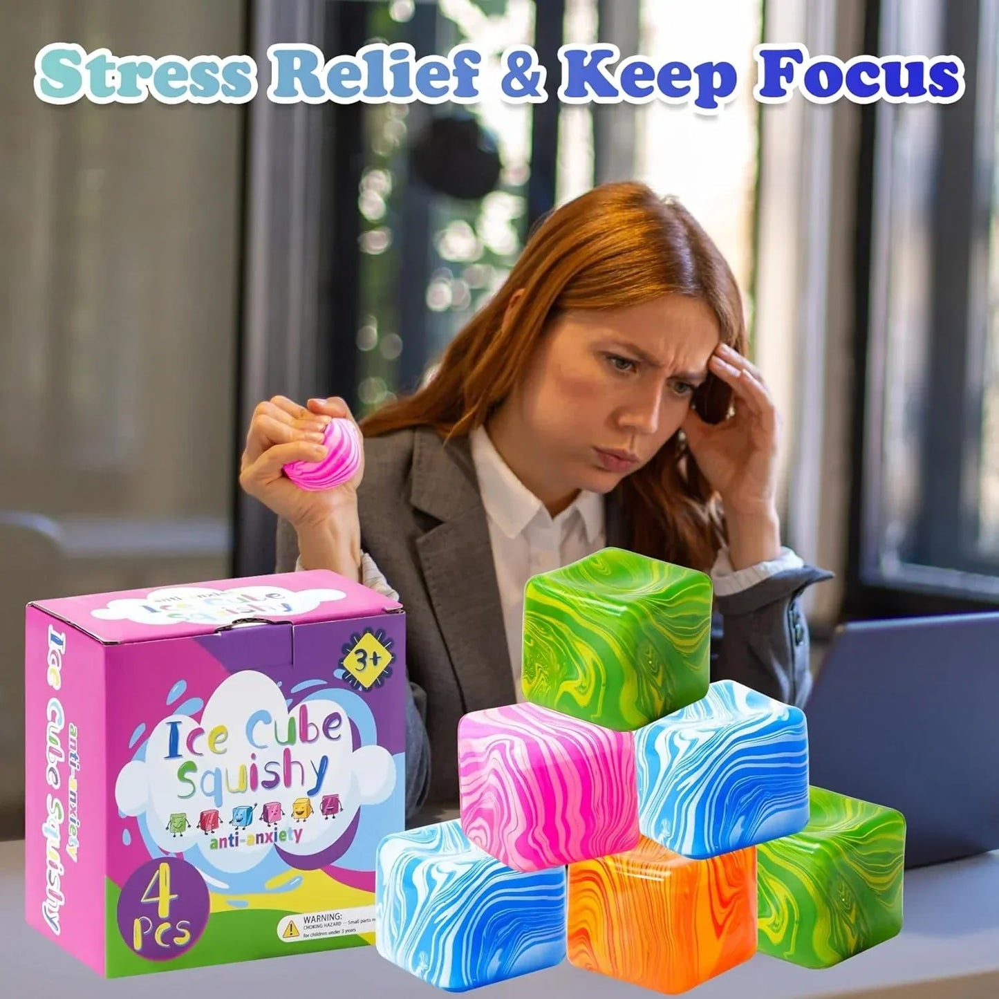 Stress Balls 2" Stress Cube Squishy Fidget Toys for Anxiety Stress Relief, Squeeze Toys Sensory squishies for Classroom Prizes, Slow Rising fidgets Toy Gift for Adults Kids, 4 Packs