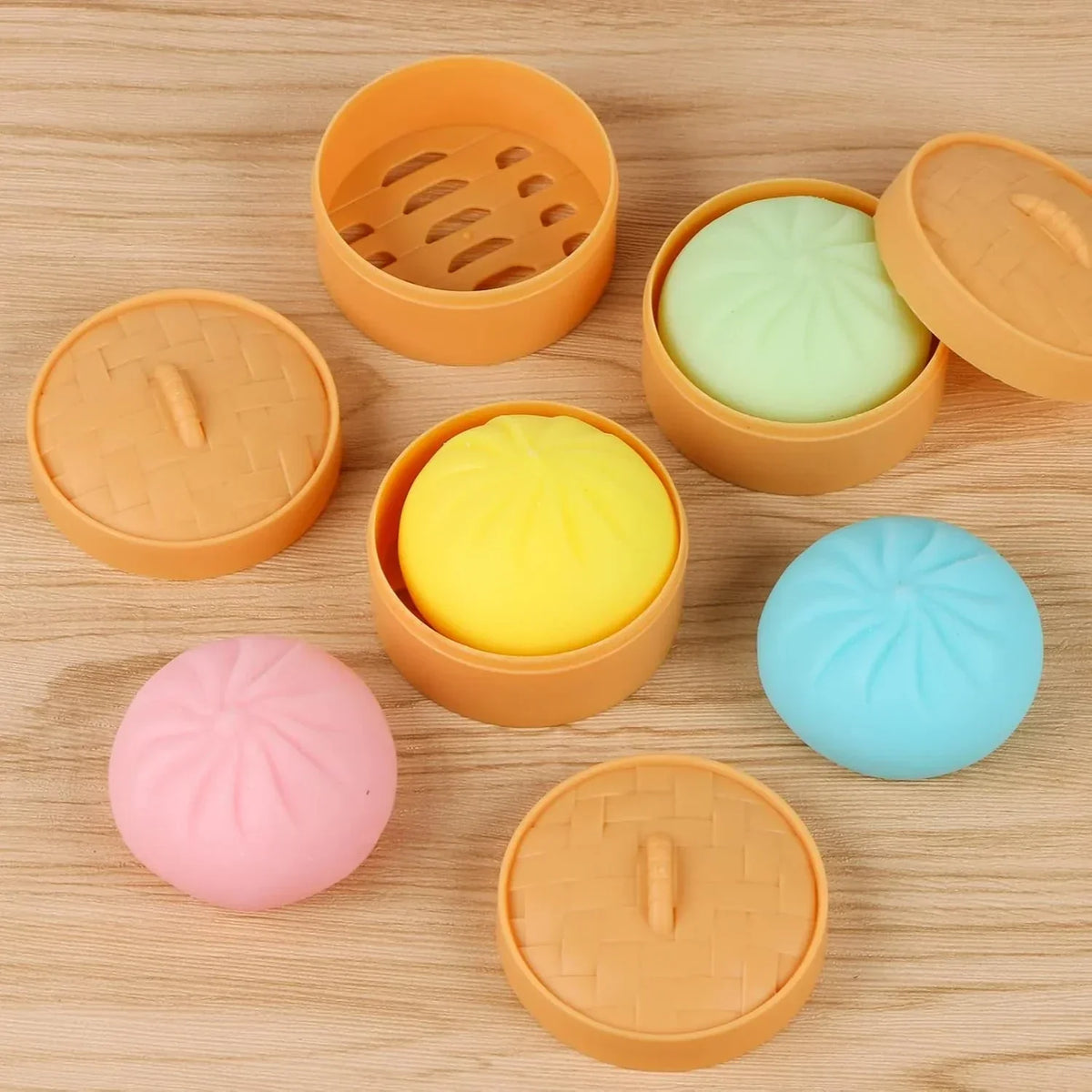 MEIEST 4 PCS Colorful Dumpling Stress Balls Fidget Sensory Toy,Squeeze Dough Ball Stress Relief Hand Toy,Bun with Food Steamer Stretchy Desk Toys