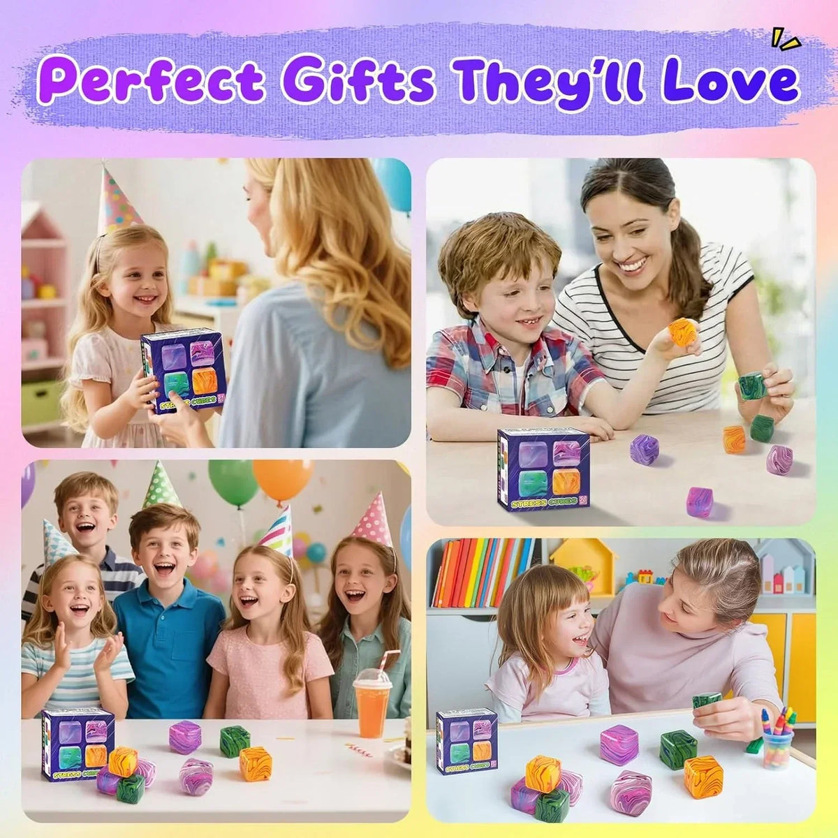 4 Pack Squishy Fidget Toys Stress Cube Bulk, Squishies Slow Rising Stress Balls for Adults Kids, Sensory Fidget Toys for Anxiety Relief, Small Squishy Toys for Classroom Prizes Party Favors