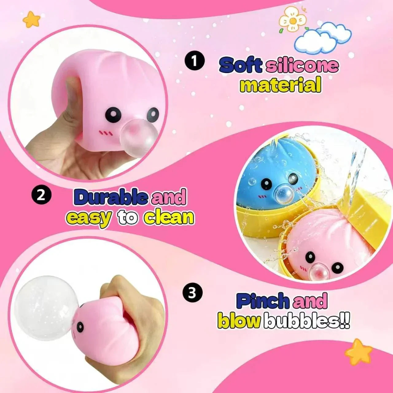 2Pack Dumpling Squishies Set with Steamer, New Bubble-Blowing Squishies, Stretchy Fidget Sensory Squeeze Toy for Adults & Teens, Cute Desk Gift(Blue+Pink)
