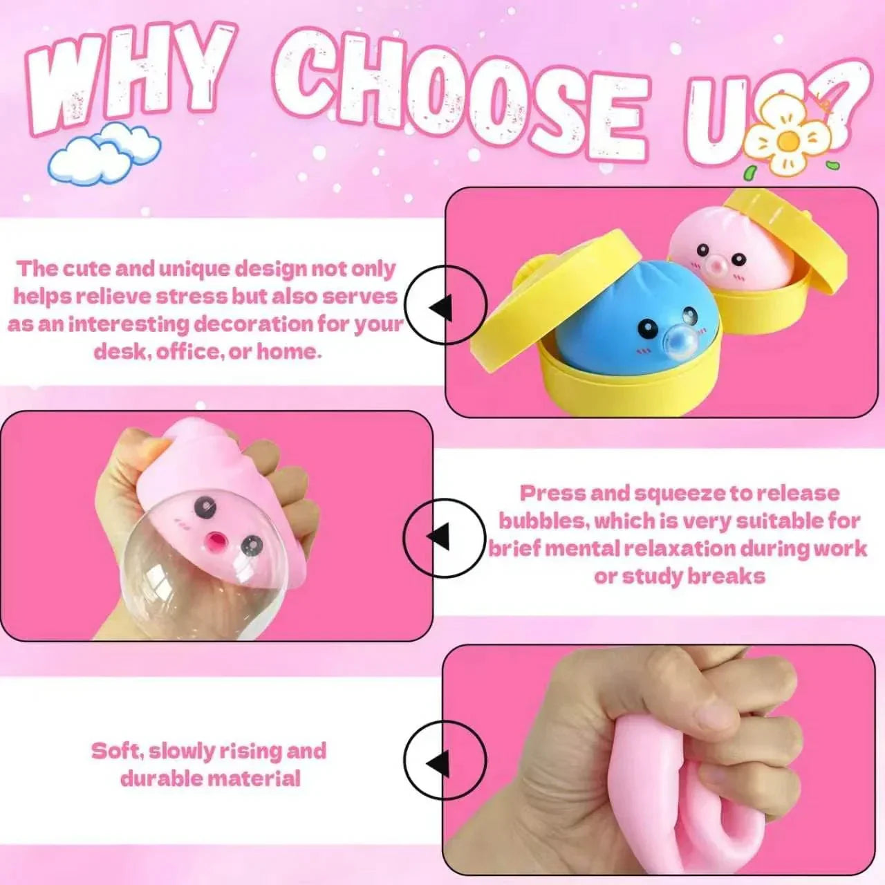 2Pack Dumpling Squishies Set with Steamer, New Bubble-Blowing Squishies, Stretchy Fidget Sensory Squeeze Toy for Adults & Teens, Cute Desk Gift(Blue+Pink)