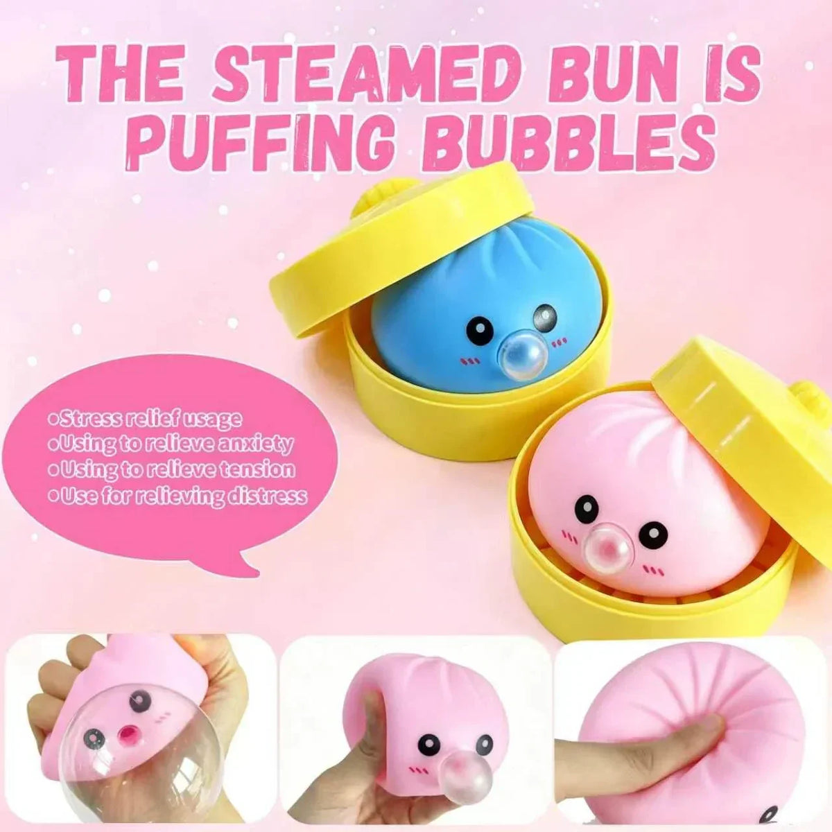 2Pack Dumpling Squishies Set with Steamer, New Bubble-Blowing Squishies, Stretchy Fidget Sensory Squeeze Toy for Adults & Teens, Cute Desk Gift(Blue+Pink)