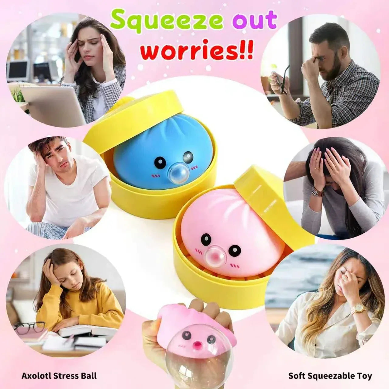 2Pack Dumpling Squishies Set with Steamer, New Bubble-Blowing Squishies, Stretchy Fidget Sensory Squeeze Toy for Adults & Teens, Cute Desk Gift(Blue+Pink)