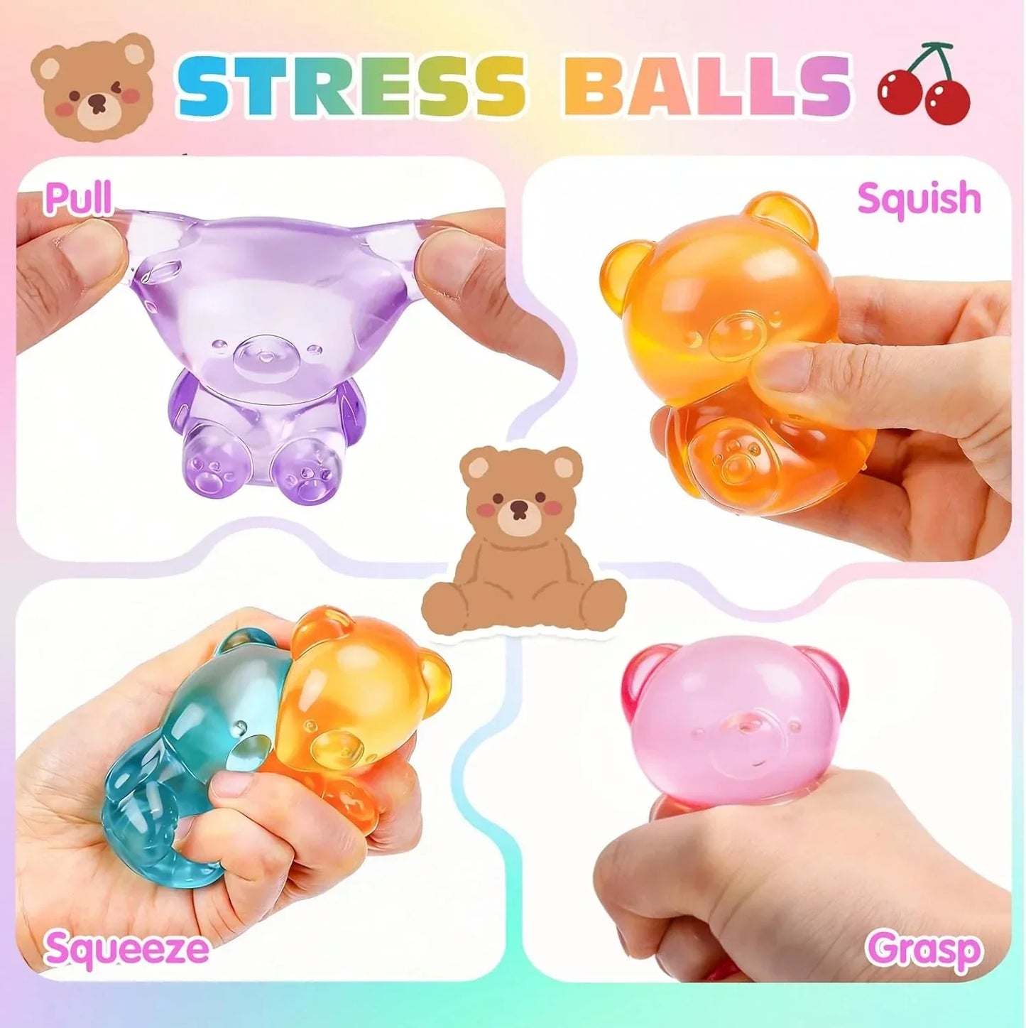 VISCOO 4 Pack Stress Bear Squishy Ball, Sugar Filled Gummy Bear Toys, Taba Squishy Toys for Kids Stress Relief, High Density Stress Balls for Calming - Soft Squeeze Balls Party Favors Birthday Gifts