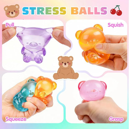 VISCOO 4 Pack Stress Bear Squishy Ball, Sugar Filled Gummy Bear Toys, Taba Squishy Toys for Kids Stress Relief, High Density Stress Balls for Calming - Soft Squeeze Balls Party Favors Birthday Gifts