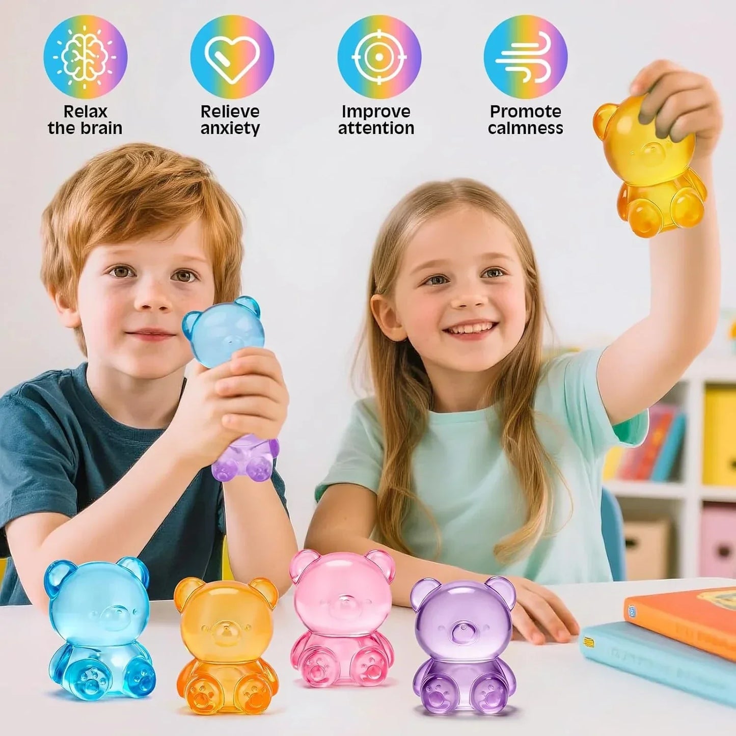 VISCOO 4 Pack Stress Bear Squishy Ball, Sugar Filled Gummy Bear Toys, Taba Squishy Toys for Kids Stress Relief, High Density Stress Balls for Calming - Soft Squeeze Balls Party Favors Birthday Gifts