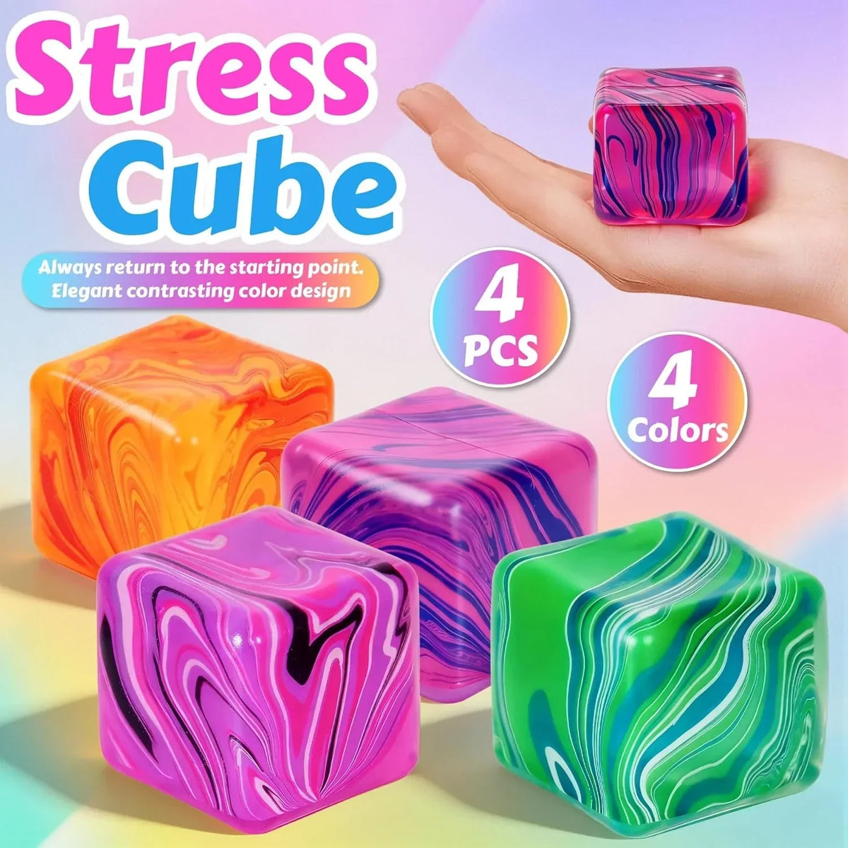 4 Pcs Stress Cube Squishies Fidget Toys, Ice Cube Shape Squeeze Toys, Slow Rise Stress Balls Sensory Toy for Kids Adults with Autism, Stress Relief Classroom Prize, Easter Basket Stuffers