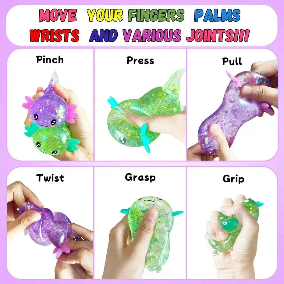2pack Glitter Axolotls Squishies Toy, Axolotls Stress Relief Toy,Soft Squeeze Sensory Fidget Gadget for Teen & Adult, Office Desk Decor, Party Favors(Purple+Green)