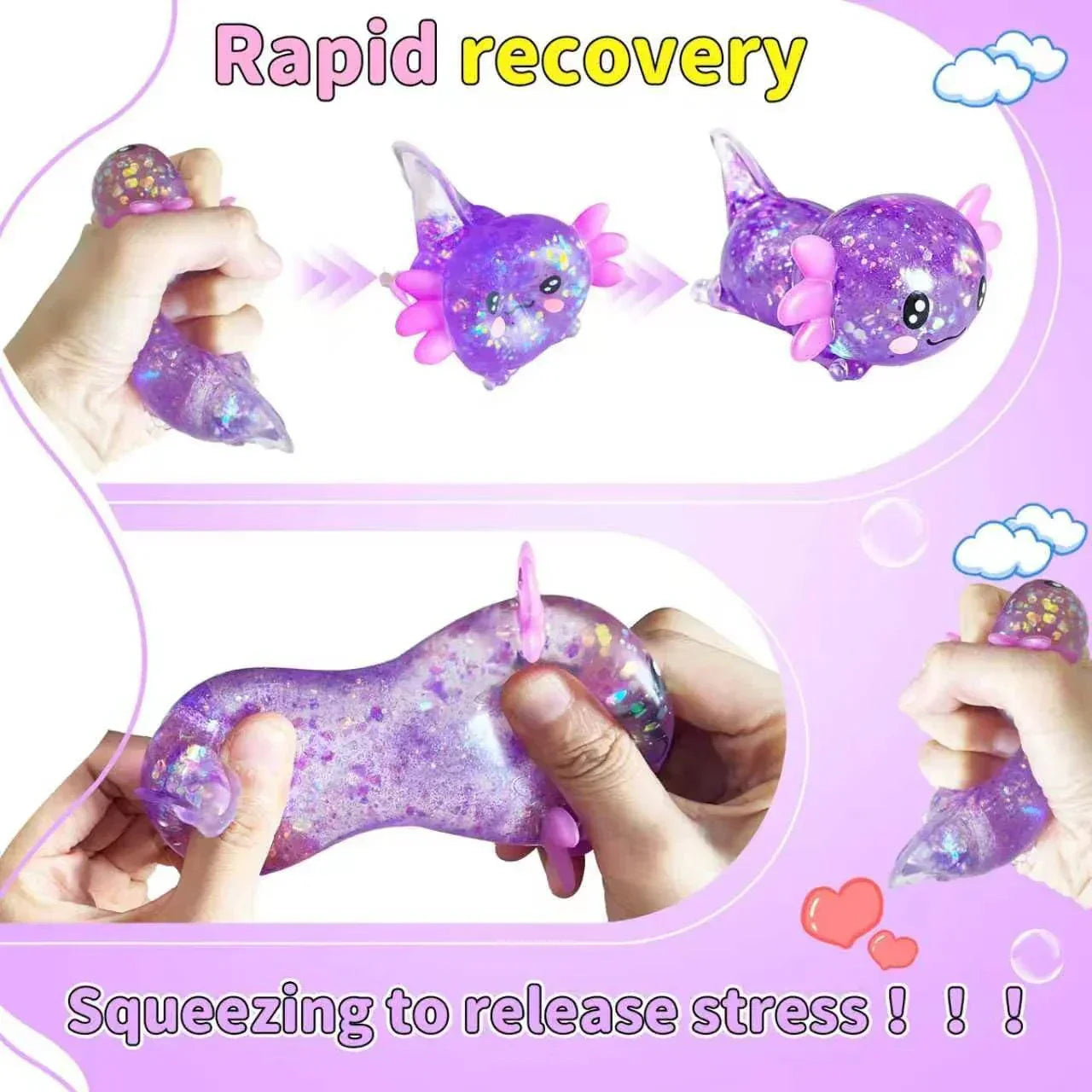 2pack Glitter Axolotls Squishies Toy, Axolotls Stress Relief Toy,Soft Squeeze Sensory Fidget Gadget for Teen & Adult, Office Desk Decor, Party Favors(Purple+Green)
