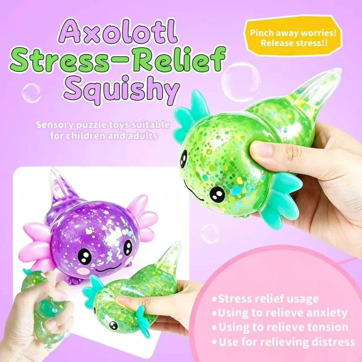 2pack Glitter Axolotls Squishies Toy, Axolotls Stress Relief Toy,Soft Squeeze Sensory Fidget Gadget for Teen & Adult, Office Desk Decor, Party Favors(Purple+Green)