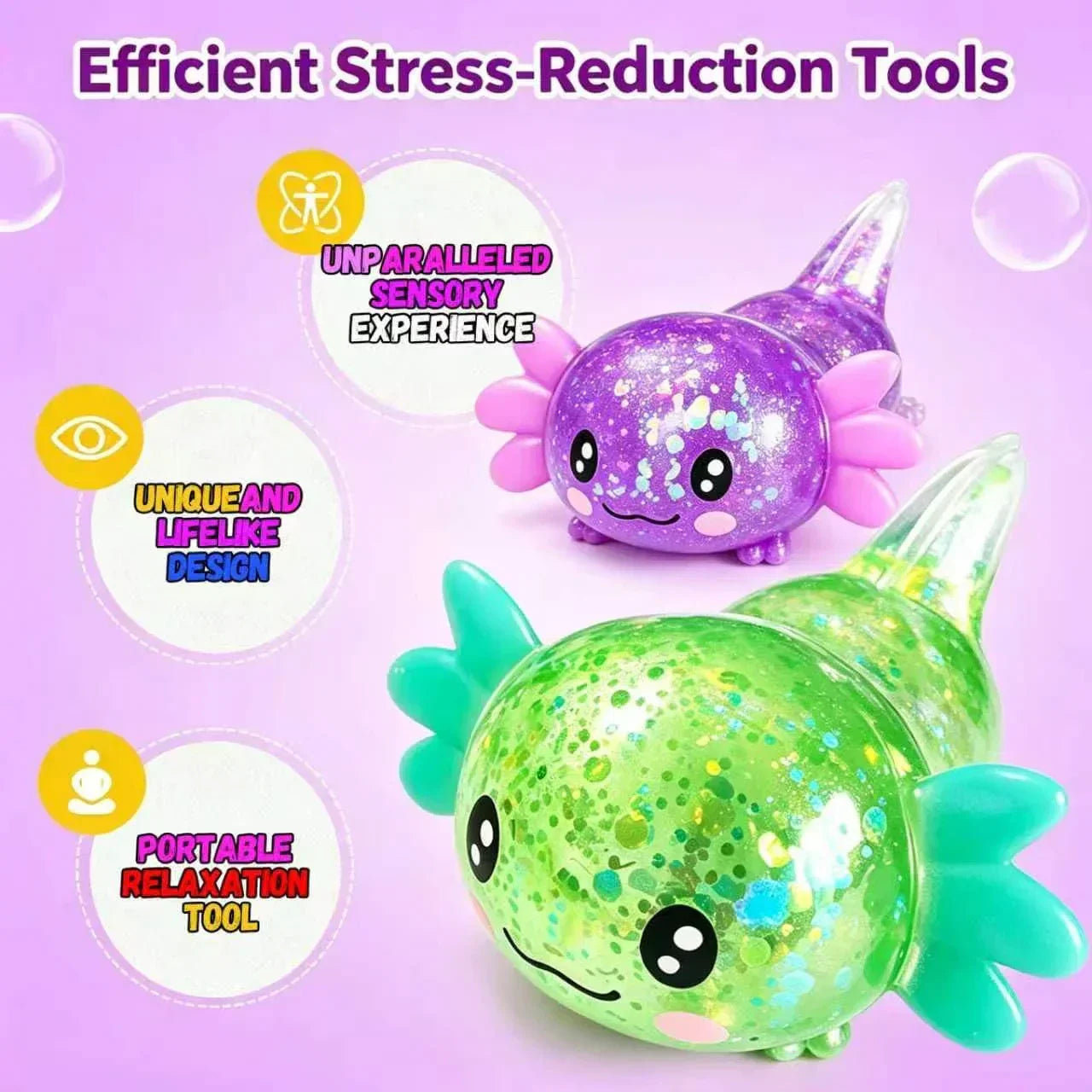 2pack Glitter Axolotls Squishies Toy, Axolotls Stress Relief Toy,Soft Squeeze Sensory Fidget Gadget for Teen & Adult, Office Desk Decor, Party Favors(Purple+Green)