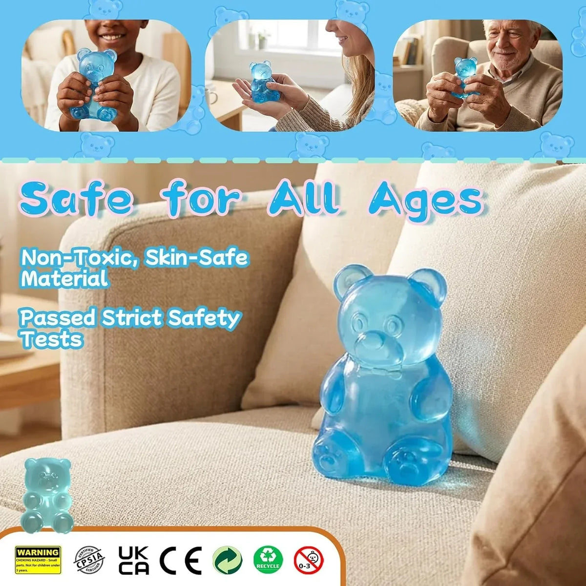 Gummy Bear Toys, Stress Bear Squishy Balls, Sugar Filled Squishy Toys for Kids Stress Relief, High Density Squeeze Balls for Students Calming, Ultra Soft Fidget Toys for Anxiety Relief