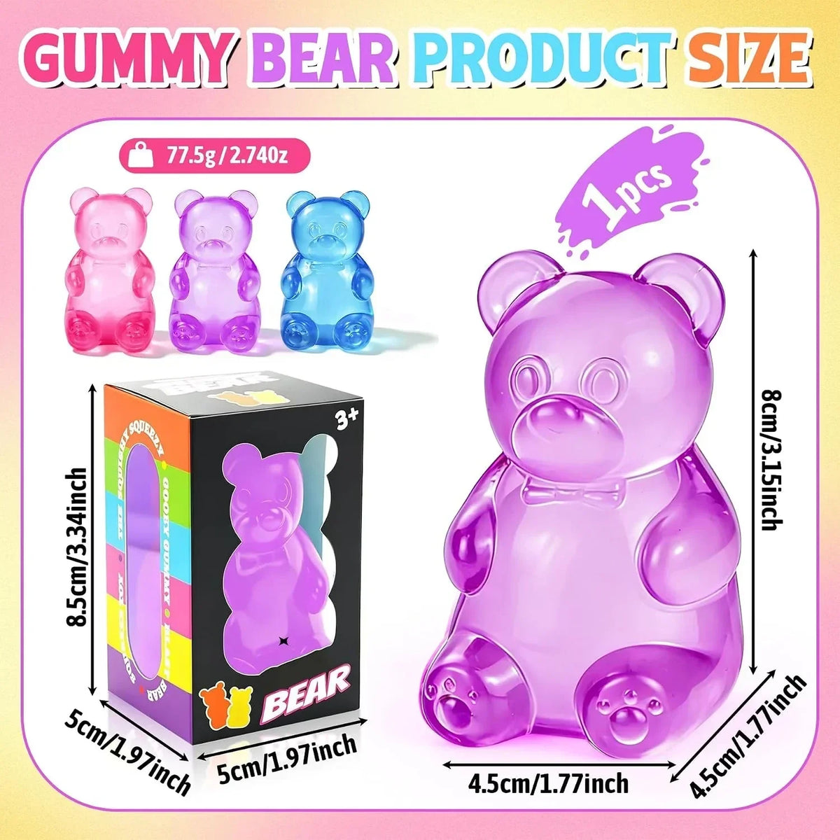 Gummy Bear Taba Squishies Fidget Toys, Stress Ball Relief, Sugar Squishies Gummy Bear Fidget Toys for Kids Adults, Slow Rising Sensory Stress Balls for Birthday Gifts Party Favors (Purple)