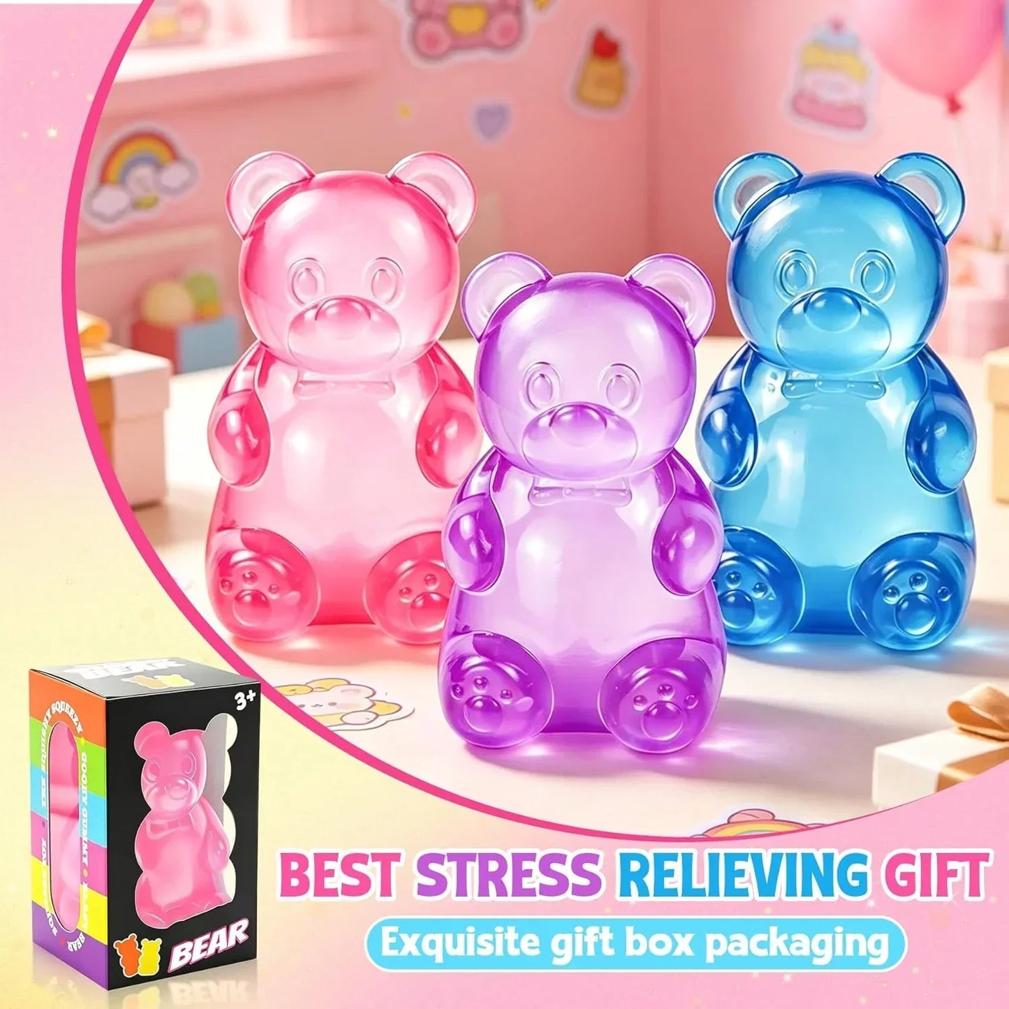 Gummy Bear Squishies Squeeze Toys for Kids Adults, Sugar Squishies Balls Stress Bear Toys for Boys Girls, Sensory Fidget Toys Anxiety Relief for Autism, Party Favors Gifts, Valentines Day Gifts (Pink)