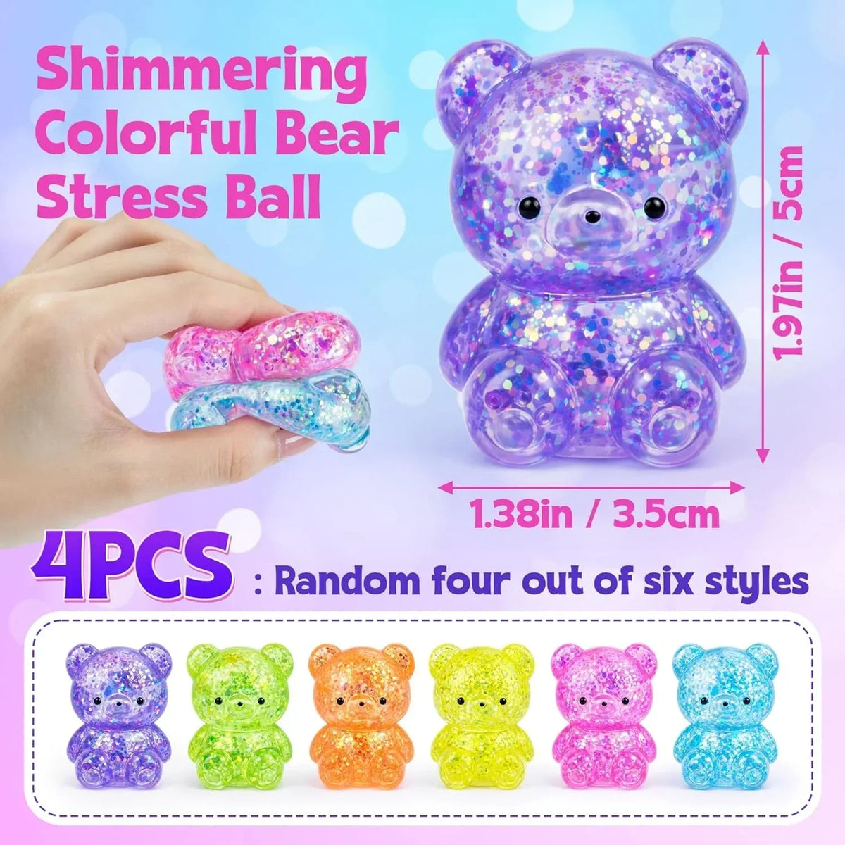 4 Pcs Gummy Bears Squishy, Glitter Bears Stress Ball, Slow Rise Stress Relief Fidget Toys, Soft Mini Bear Squishy Toys for Anxiety Relief, Gummy Bear Party Favors, Goodie Bag Fillers Kids and Adults