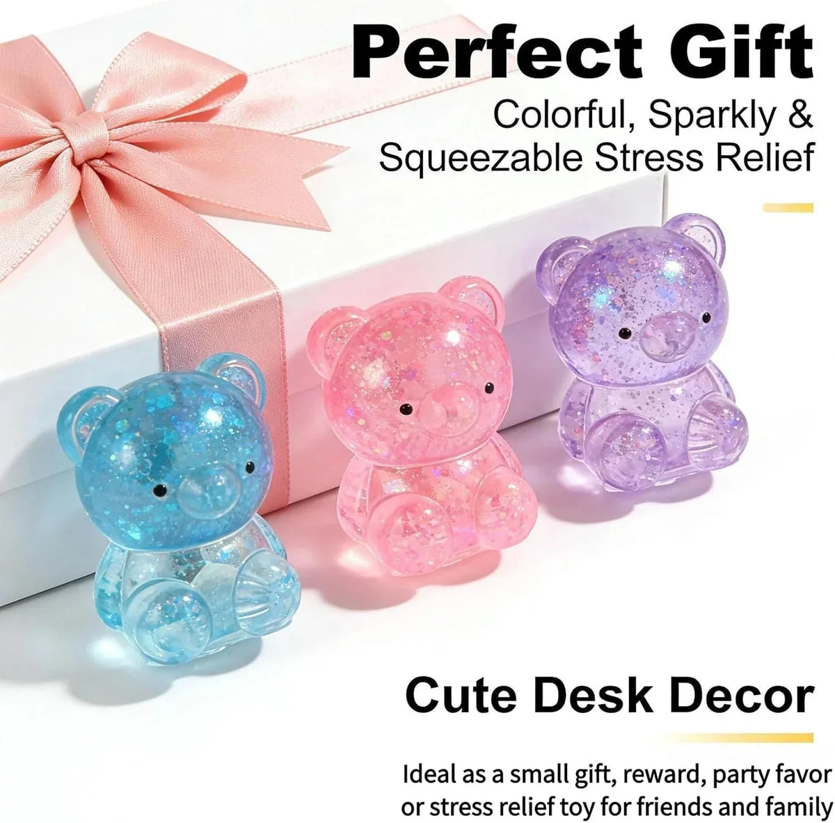 3 Pack Glitter Bear Stress Ball Squishy, Bear Sensory Stress Balls，Stress Relief Toy for Relaxing，Adorable Squishy Bears Stress Toys for Daily Relaxation, for Squishy Lovers