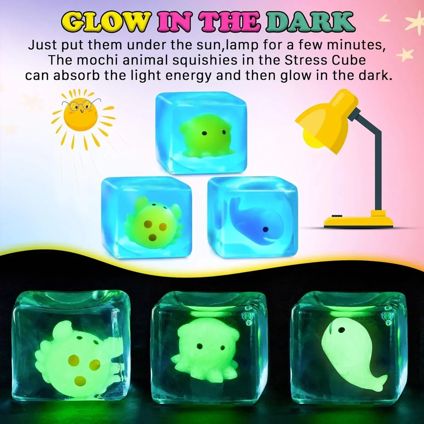 Squishy Stress Cube Fidget Toys Adults - Glow in The Dark Sensory Toys for Kids with Autism Stress Balls for Kids Teens Squeeze Toys for Anxiety Easter Basket Stuffers