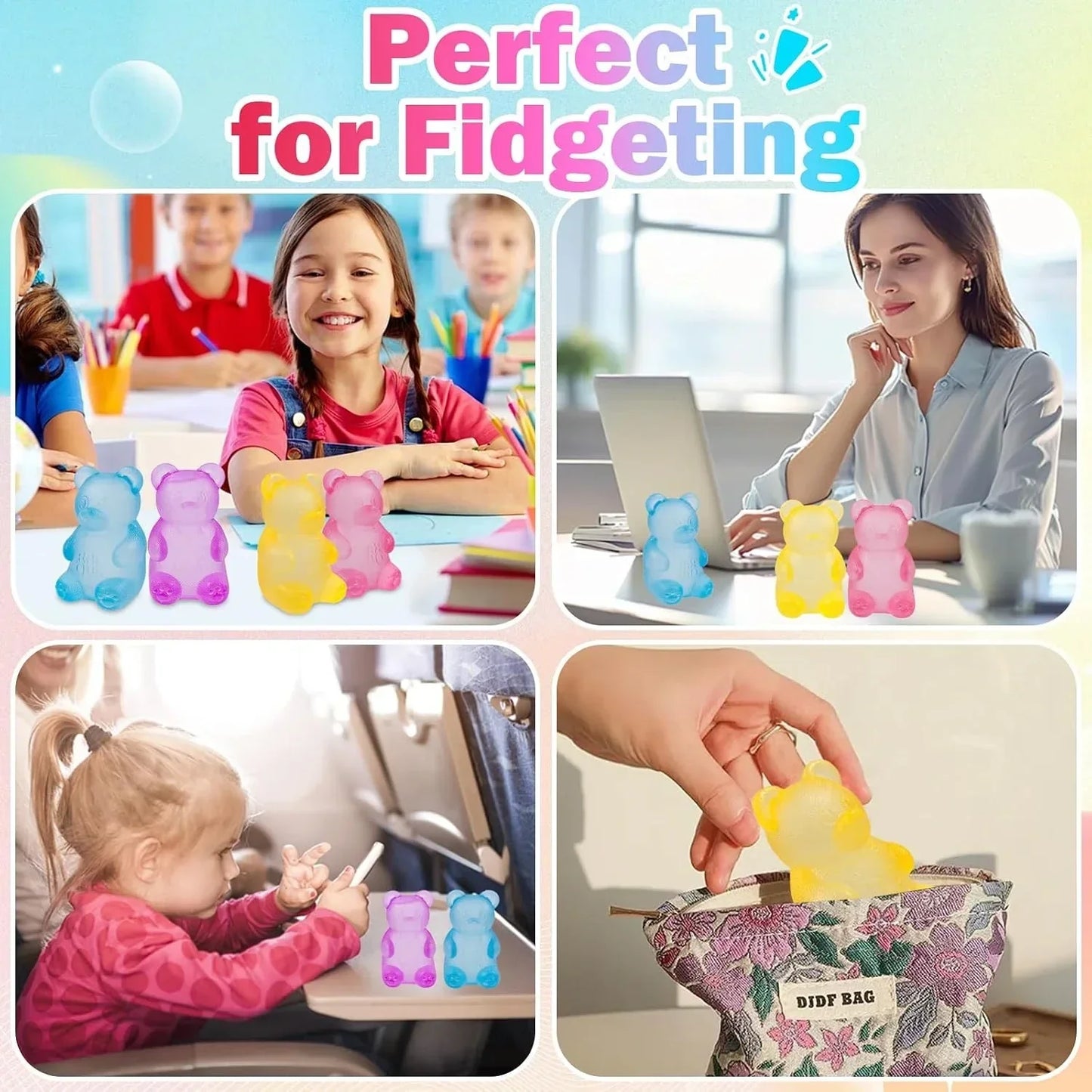 Pink Stretch Filled Squeeze Toys for Sensory Play，Maltose Bear & Sugar Ball Designs, Squishies Anxiety Relief & Focus Toy, Sensory Fidget Toys for Adults, Kids, Slow Rising Squishy Stress Balls