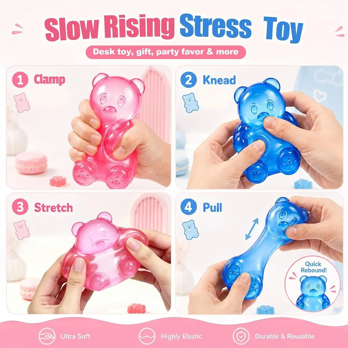 Gummy Bear Squishy，Stress Bear Taba Squishy Toys，Bear Toy Taba Squishy Toys for Adults Stress Relief Squeeze Balls，Sensory Fidget Toys，Valentines Day Gifts Birthday Gifts Party (Pink)