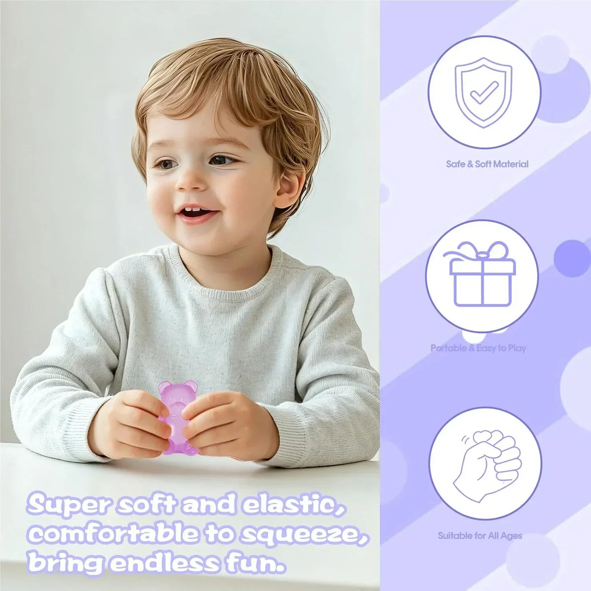 Gummy Bear Squishy Toy for Kids Ages 3+, Slow Rising Soft Foam Bear Squeeze Toy for Boys, Girls & Adults, Cute Sensory Bear Toy, Birthday & Valentine’s Day Gift(Purple)
