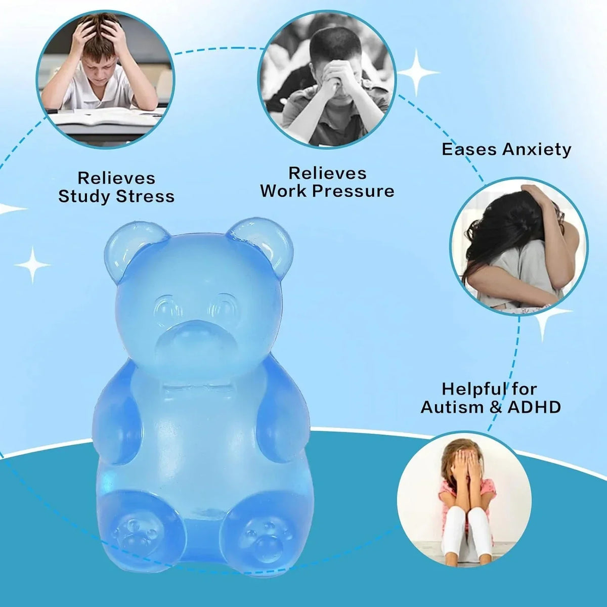 Gummy Bear Squishy Toy for Kids Ages 3+ & Adults, Slow Rising Squeeze Bear, Soft High-Density Handheld Sensory Toy, Cute Party Favor, Classroom Prize & Desk Toy (Blue)