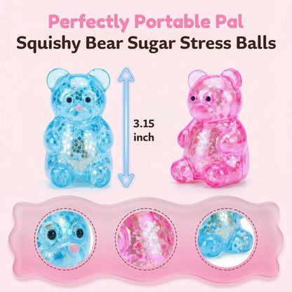 2 Pack Bear Squishy Sugar Fidget Stress Balls, Glitter Colorful Bear Sensory Stress Balls for Anxiety Relief, Animals Squishy Squeeze Balls Fidget Toys for Boys and Girls