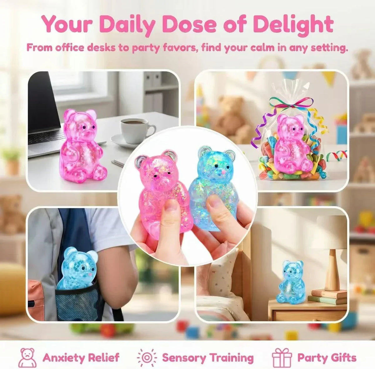 2 Pack Bear Squishy Sugar Fidget Stress Balls, Glitter Colorful Bear Sensory Stress Balls for Anxiety Relief, Animals Squishy Squeeze Balls Fidget Toys for Boys and Girls