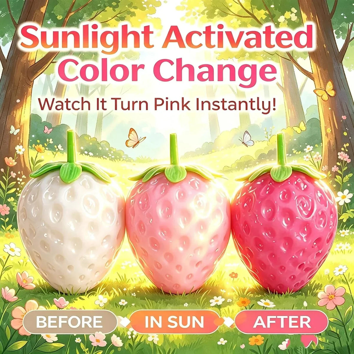 2pcs Squeezable Strawberry Toy,Color Changing Strawberry Squishy Toy, Sunlight Activated Pink Transformation Stress Ball,Squeezable Fruit Ball Realistic Strawberry Model Squishy（Pink）