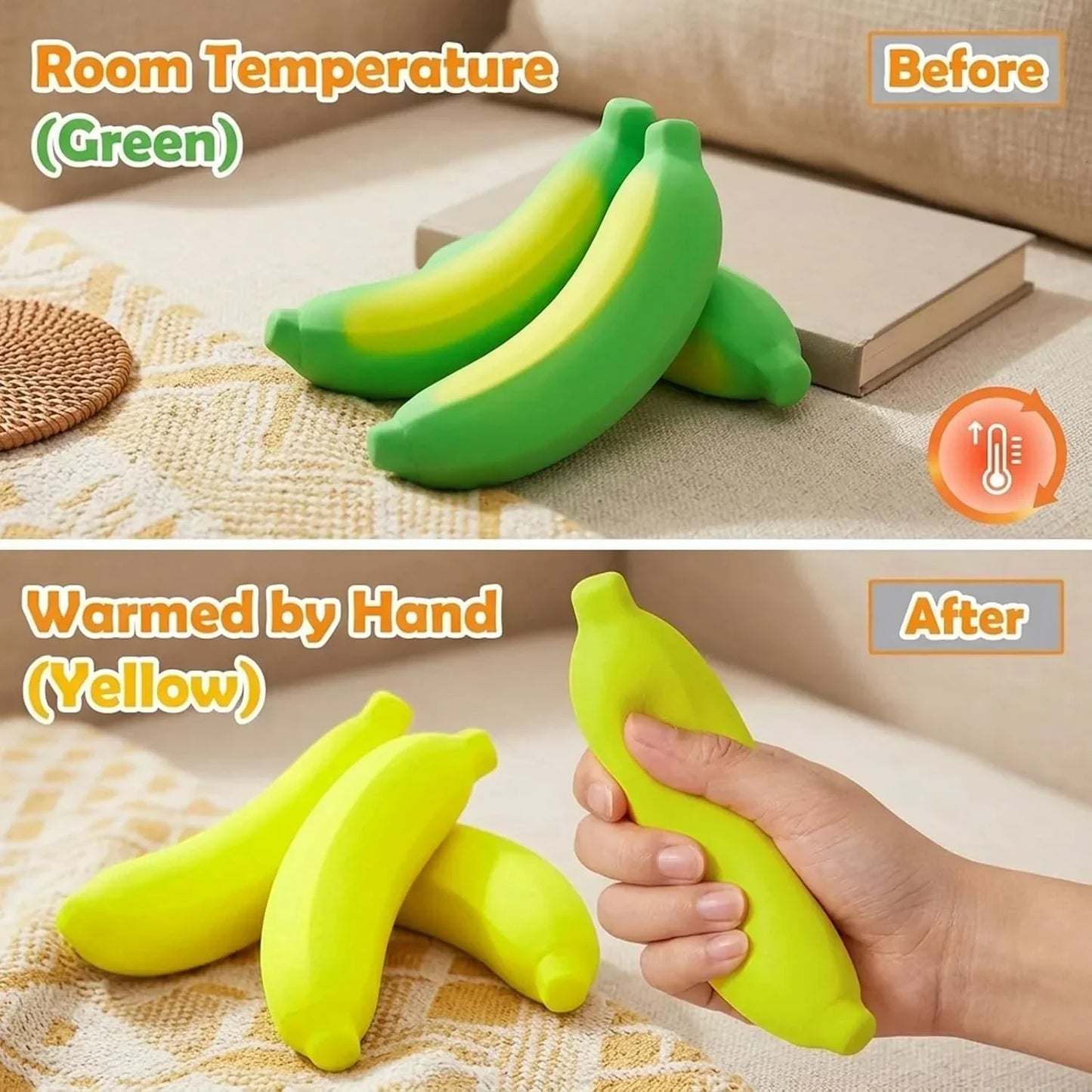 2 PCS Banana Squishy Set, Temperature-Sensitive Color Changes from Green to Yellow，Squishy Banana with Thermo-Responsive Surface for Desk Display and Everyday Handling