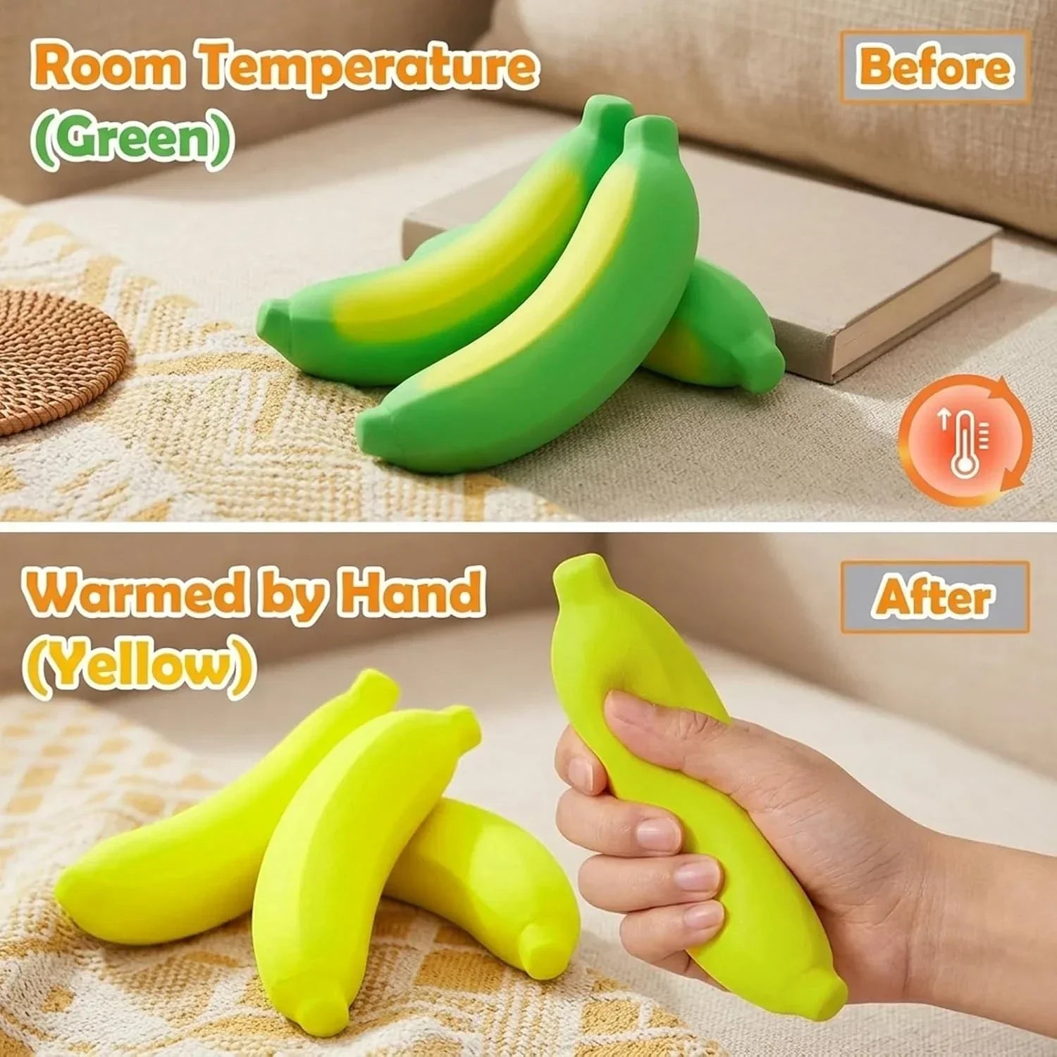2 PCS Banana Squishy Set, Temperature-Sensitive Color Changes from Green to Yellow，Squishy Banana with Thermo-Responsive Surface for Desk Display and Everyday Handling