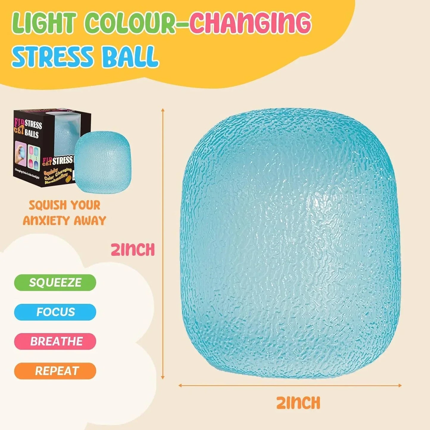 Fidget Toys Stress Balls for Kids & Adults - Changes Color in The Sun - Malt Sugar Squishy Fidget Toys - Slow Rise Gel Ball - Stretchy Squeeze Stress Relief Balls for Anxiety