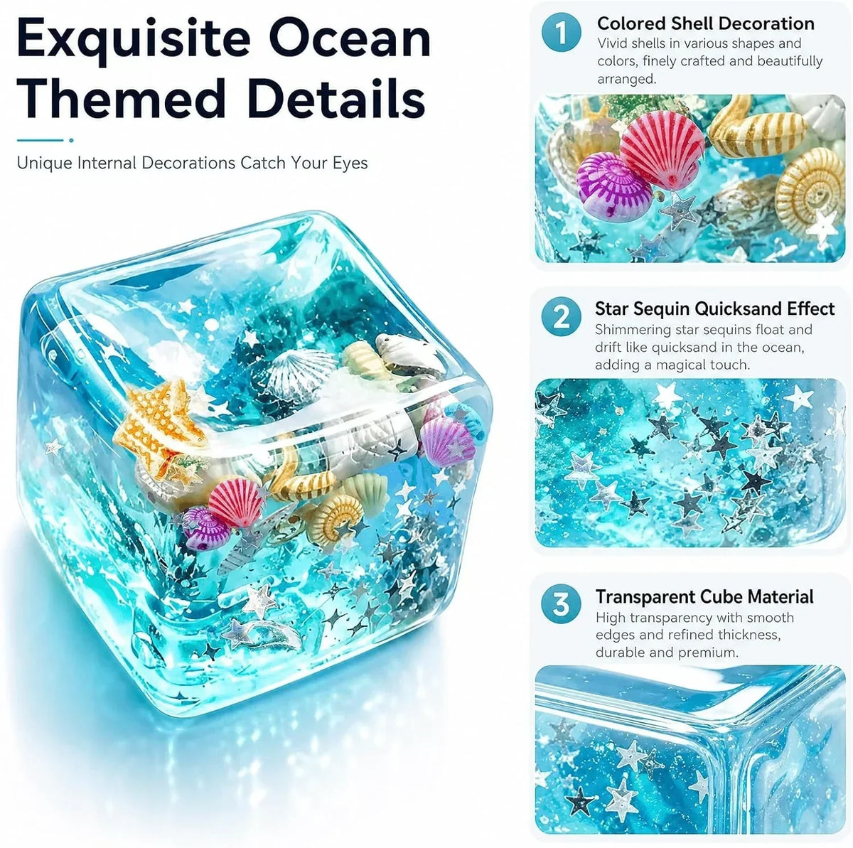 Nice Cube Squishy Fidget Toys,Large 2" Wide,Ocean-Themed Slow Rising Stress Ice Cube,Sensory Squeeze Toys for Anxiety Stress Relief