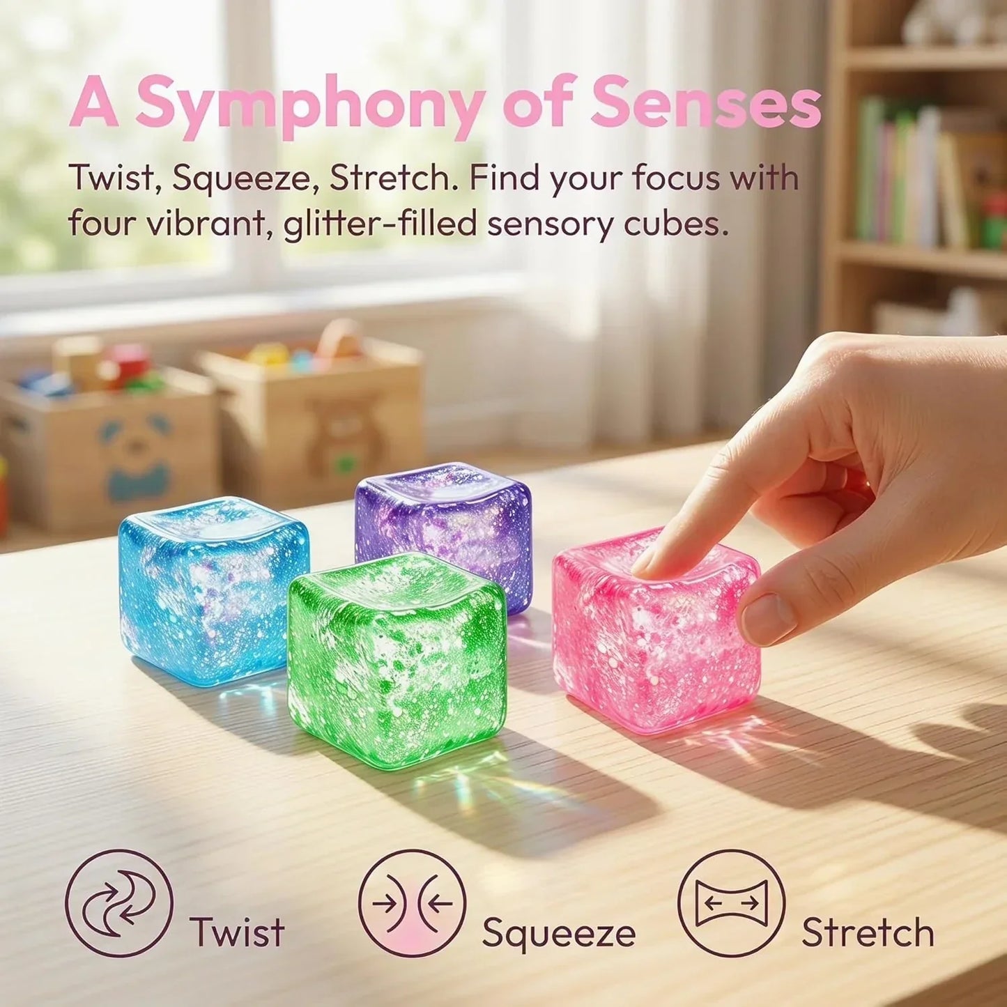 Glitter Ice Cube Squishy Fidget Toys, Squishy Cube Stress Balls for Adults & Kids, Slow Rising Stress Relief Toys, Squeeze Ball Filled with Thick Substance and Glitter (Pink)