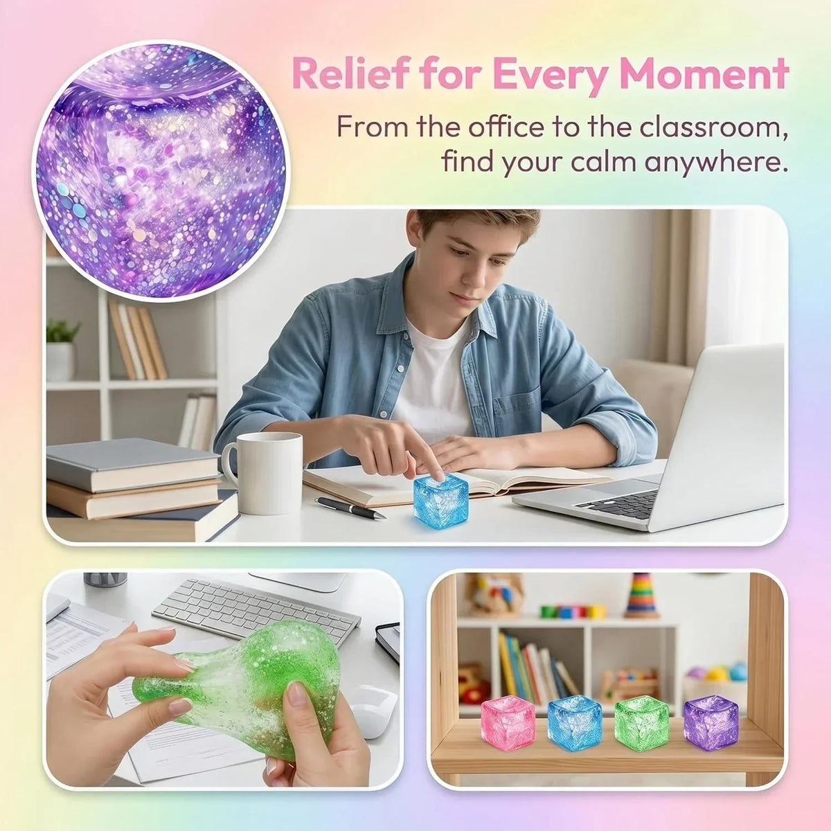 Glitter Ice Cube Squishy Fidget Toys, Squishy Cube Stress Balls for Adults & Kids, Slow Rising Stress Relief Toys, Squeeze Ball Filled with Thick Substance and Glitter (Pink)