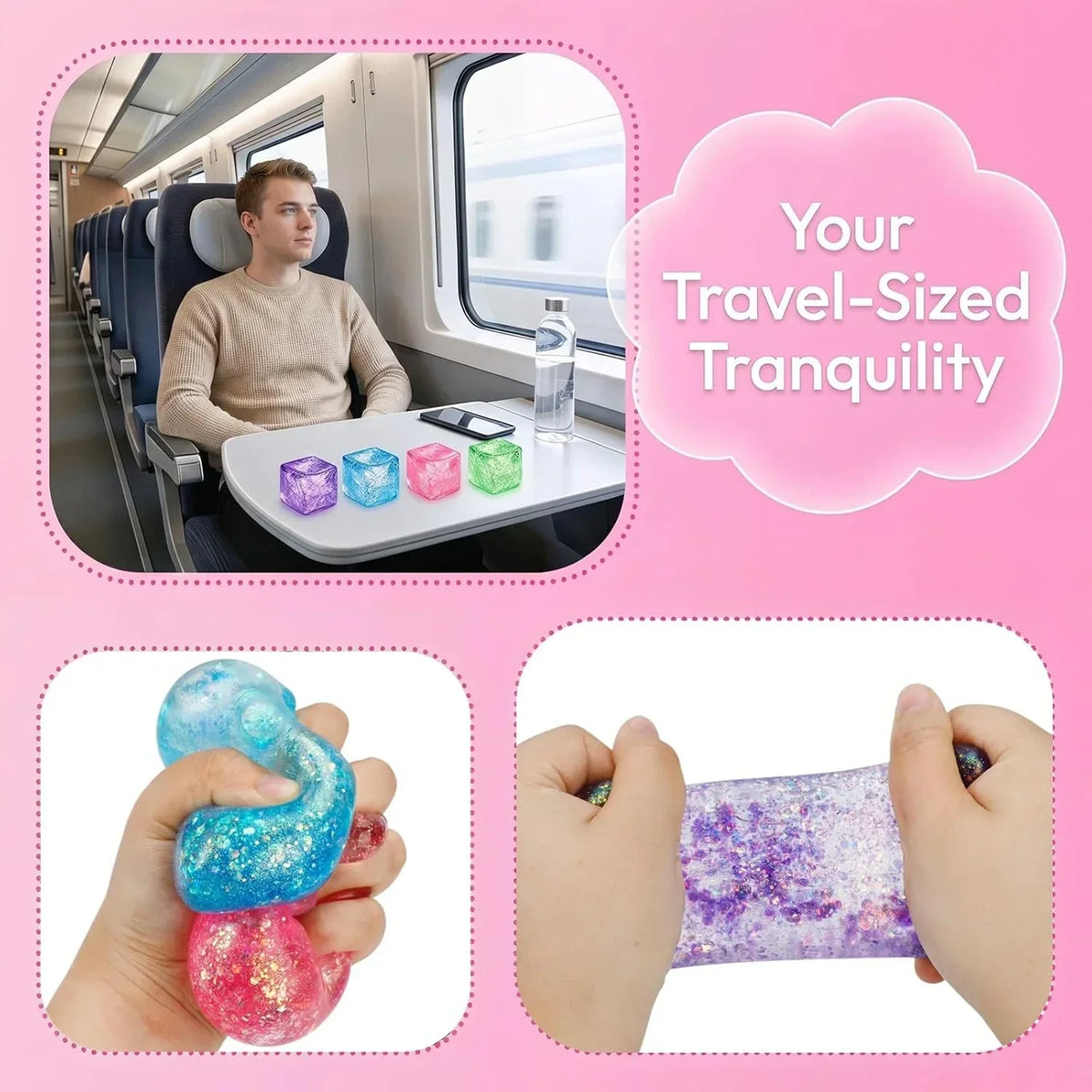 Glitter Ice Cube Squishy Fidget Toys, Squishy Cube Stress Balls for Adults & Kids, Slow Rising Stress Relief Toys, Squeeze Ball Filled with Thick Substance and Glitter (Pink)