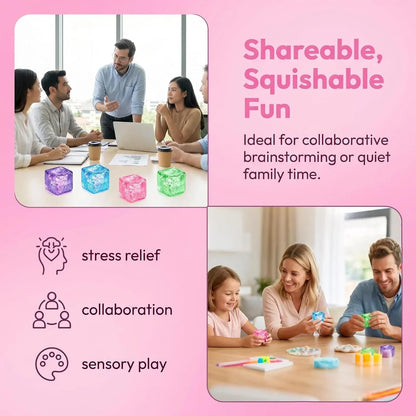 Glitter Ice Cube Squishy Fidget Toys, Squishy Cube Stress Balls for Adults & Kids, Slow Rising Stress Relief Toys, Squeeze Ball Filled with Thick Substance and Glitter (Pink)