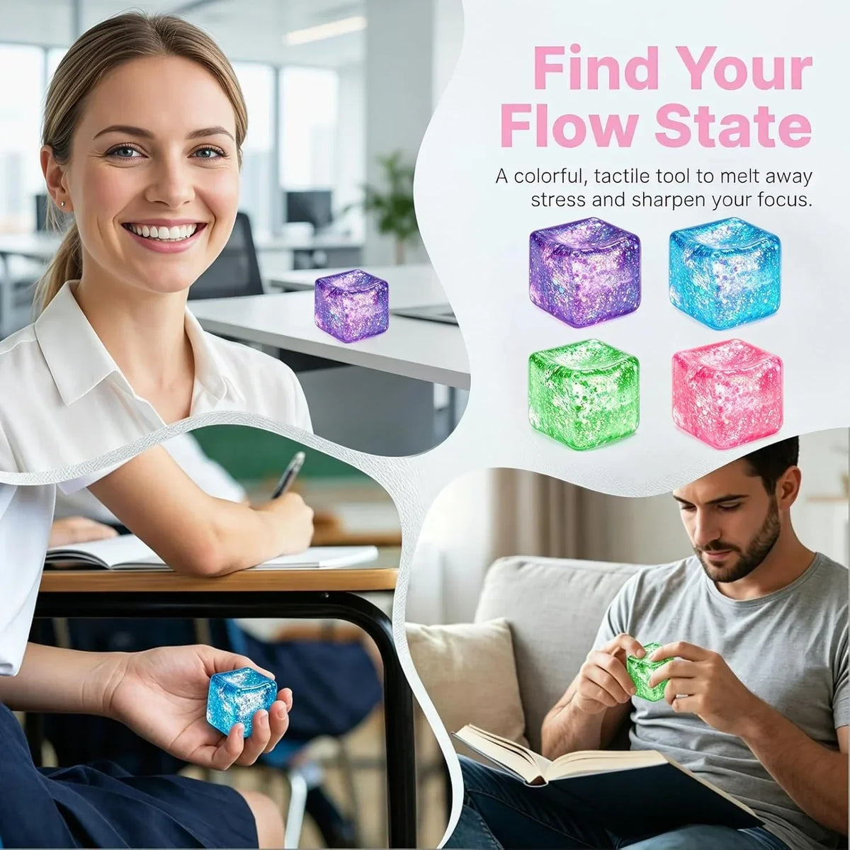 Glitter Ice Cube Squishy Fidget Toys, Squishy Cube Stress Balls for Adults & Kids, Slow Rising Stress Relief Toys, Squeeze Ball Filled with Thick Substance and Glitter (Blue)