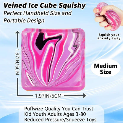 Ice Cube Squishy Fidget Toy Purple Stress Ball Squeeze Toys Stress 5cm(1.97") Veined Ice Cube Squishy Fidget Sensory Toys Kids Youth Adult Puffwize (Pink)