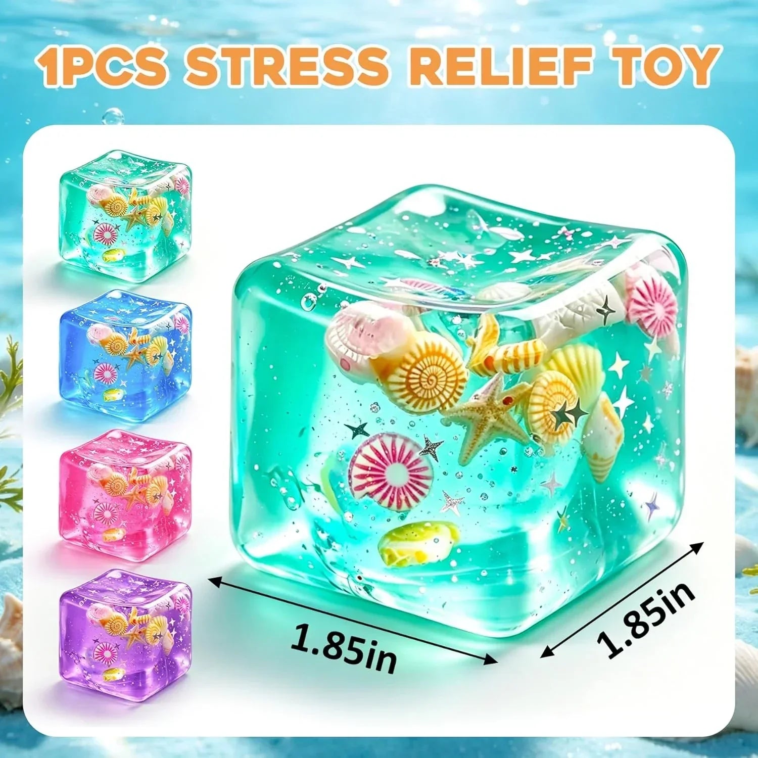 1Pc Ice Cube Squishy Stress Balls,Slow Rising Sensory Fidget Toy with Marine Shells Inside Square Soft Sensory Anxiety Relief Squeeze Cube for Adults Teens Kids(Green)