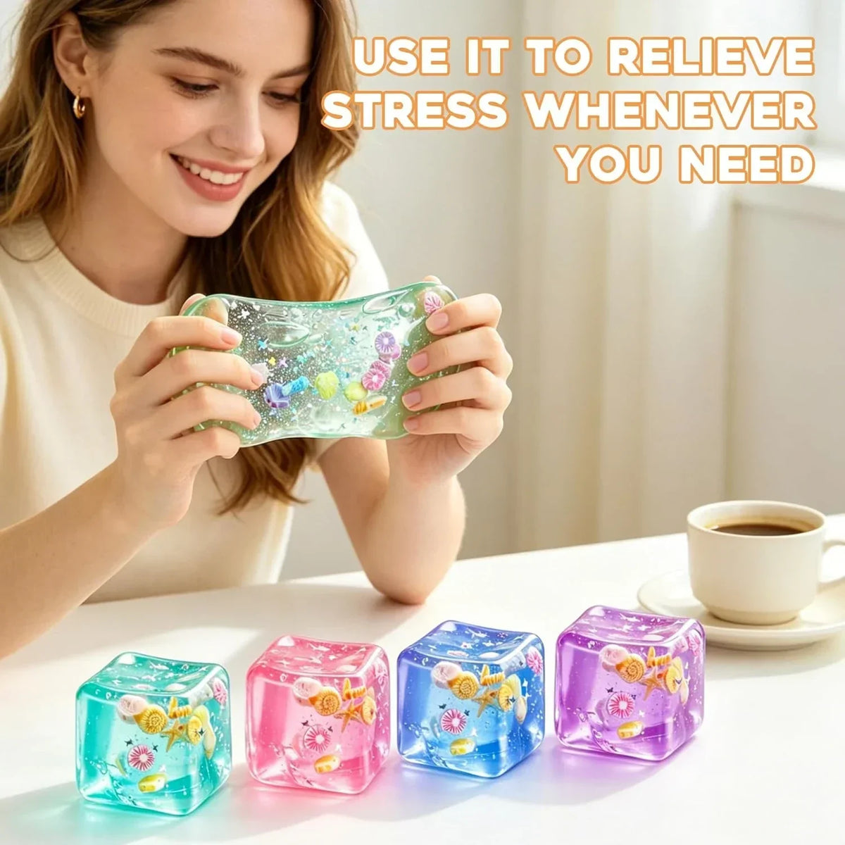 1Pc Ice Cube Squishy Stress Balls,Slow Rising Sensory Fidget Toy with Marine Shells Inside Square Soft Sensory Anxiety Relief Squeeze Cube for Adults Teens Kids(Green)
