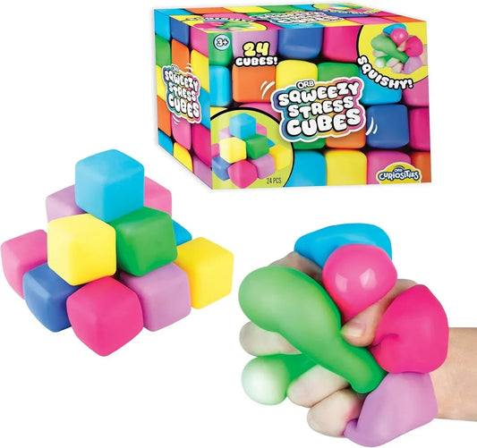 ORB 24 Pack Easy Sqweezy Squishy Stress Cubes - Colorful Squishy Cubes - Squeeze and Squish Stress Balls, Fidgets for Anxiety, Stress Relief - Classroom Rewards, Party Favors for Kids, Teens, Adults