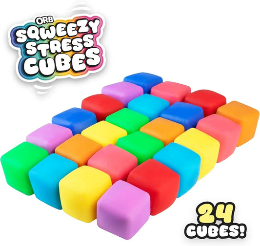 ORB 24 Pack Easy Sqweezy Squishy Stress Cubes - Colorful Squishy Cubes - Squeeze and Squish Stress Balls, Fidgets for Anxiety, Stress Relief - Classroom Rewards, Party Favors for Kids, Teens, Adults