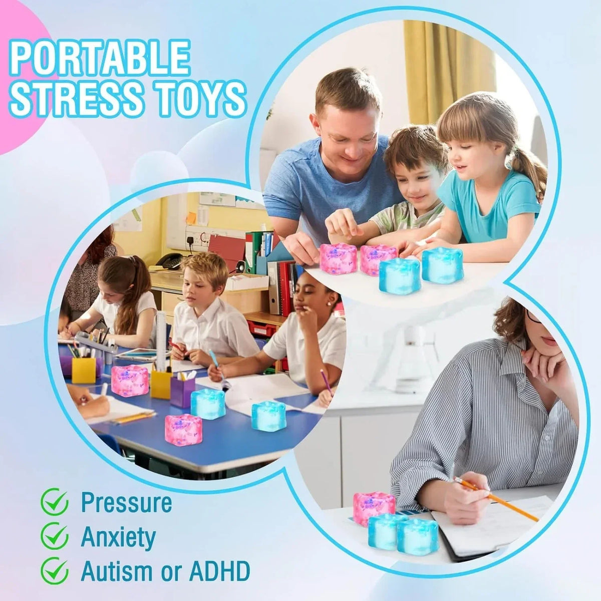 Gretex Fidget Toy for All Ages: 2 Pack Soft Sensory Fidget Ice Cube Stress Ball Squishy Cube Stress Relief Toys for Kids, Teens and Adults Party Favors, Birthday Gift for Kids Age 3+