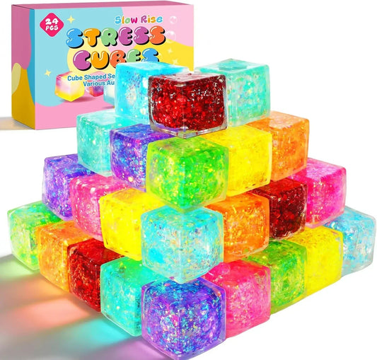 24 Pack Slow Rising Ice Cube Squishy Stress Balls，Stress Cube for Adults Kids , Bulk Taba Squish Fidget Toys, Square Squeeze Toy for Classroom Prizes, Mini Nice Cube Squishy for Party Favors