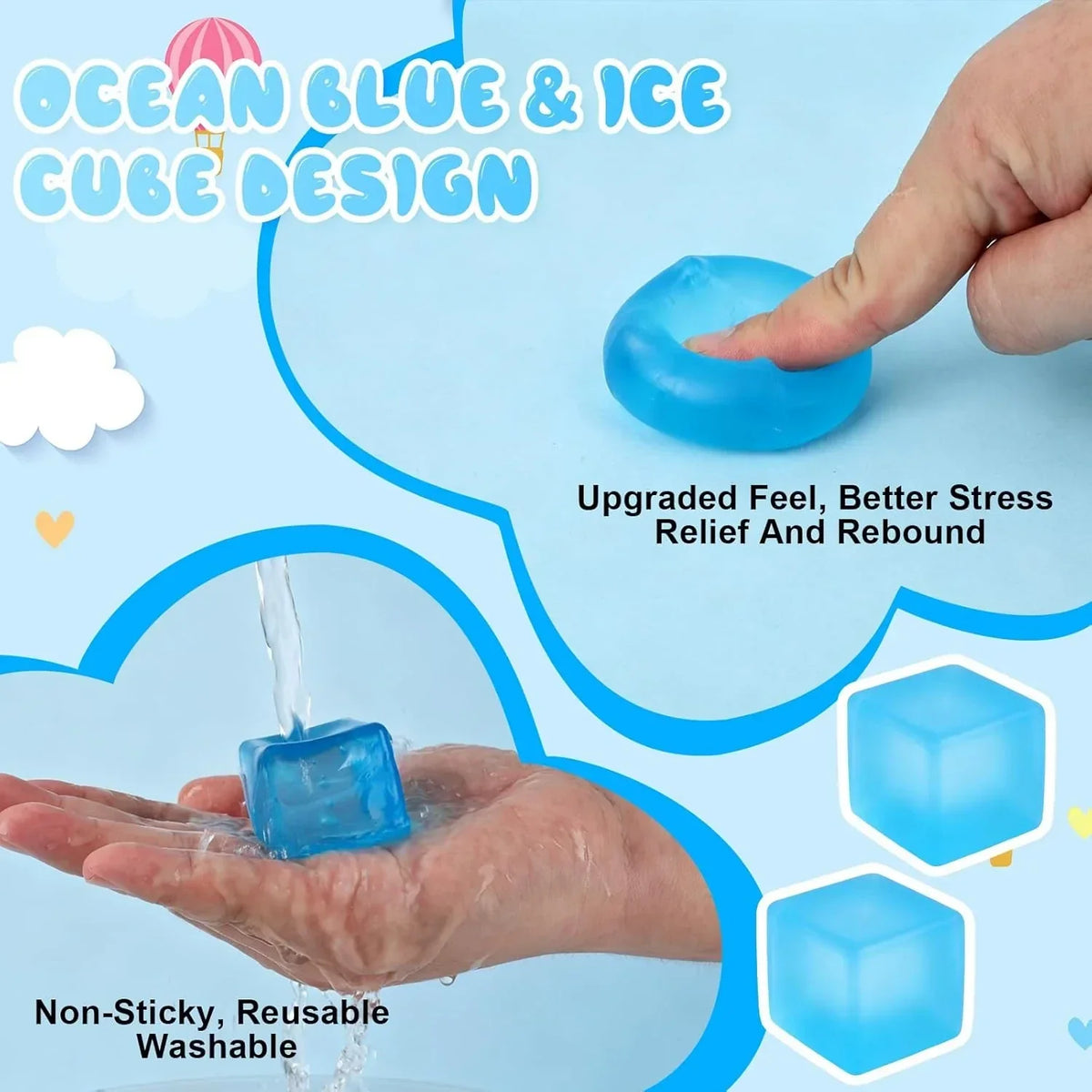 Ice Cube Stress Ball, 2026 New Squishy Stress Ice Cube Fidget Toys, Stress Relief Toys Squeeze Toys for Adults(3PCS-Blue)