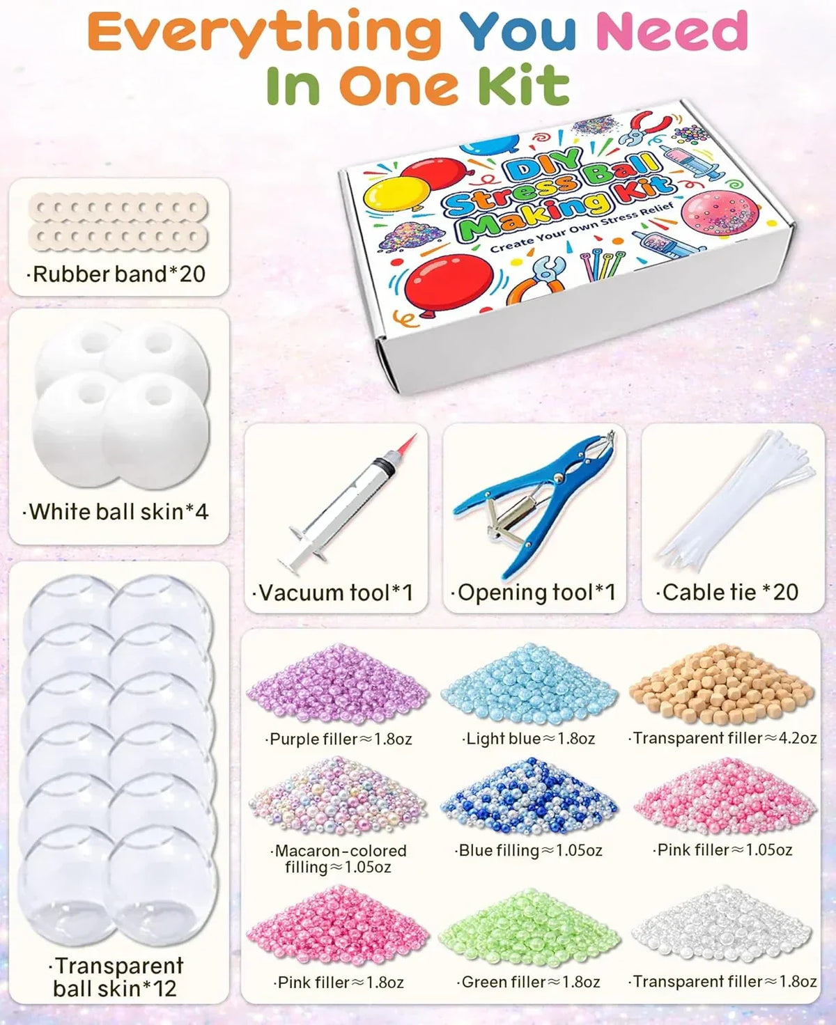 DIY Stress Ball Making Kit with 14.1 oz Filler, 16 TPR Skins, Vacuum Tool, 20 Cable Tie for Create ASMR Anxiety Relief Toys Crunchy Relaxing for Adult